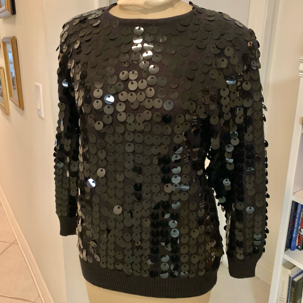 Vintage cotton black sequin sweater covered front and back with black sequins S